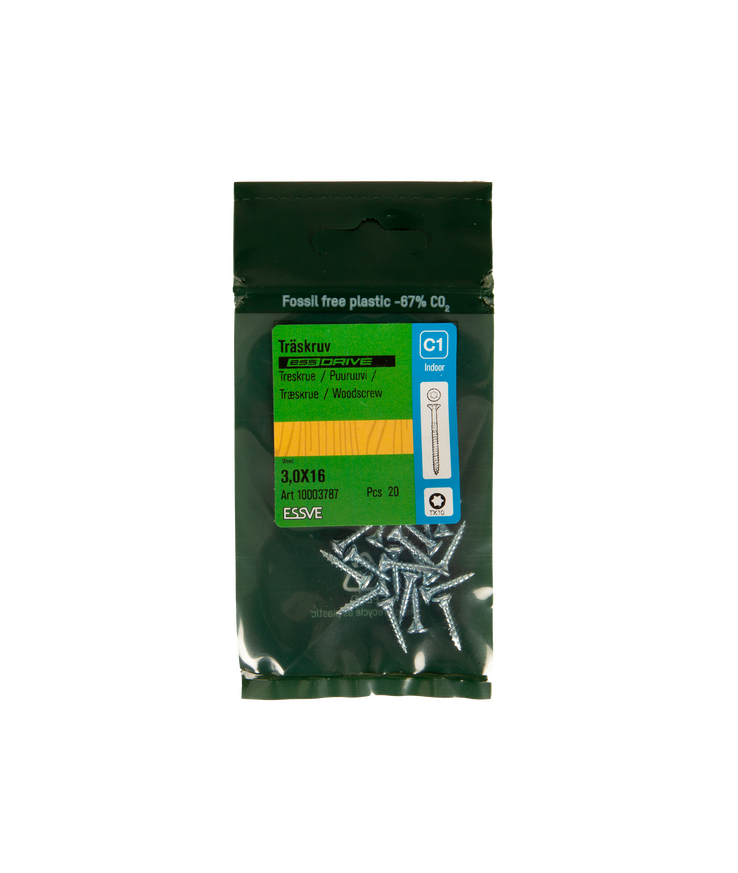 Träskruv essdrive försänkt Huvud fzb 3,0x16