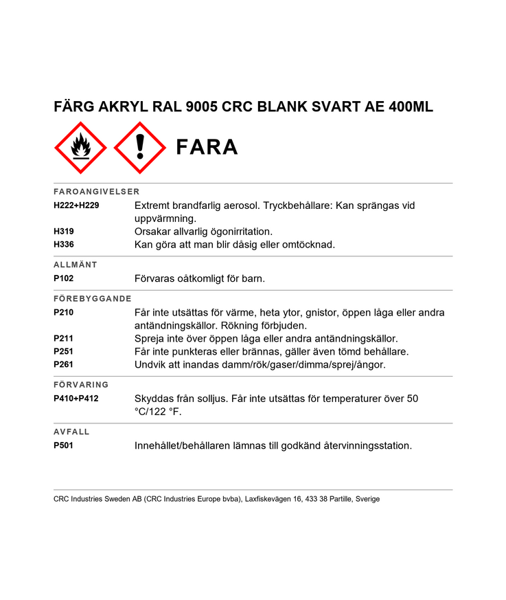 Färg akryl svart blank ral 9005 crc ae 400ml
