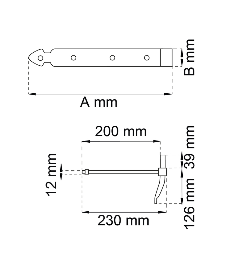 Hakgångjärn 213 svart 1000mm Tapp d16mm